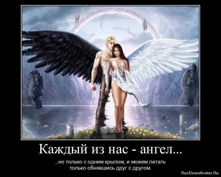 Демотиватор: Каждый из нас - ангел... - ...но только с одним крылом, и может летать только обнявшись друг с другом.